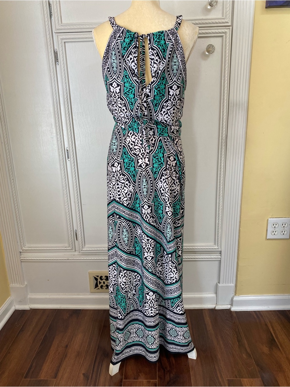 White House Black Market Teal, Black & White Halter Maxi Dress